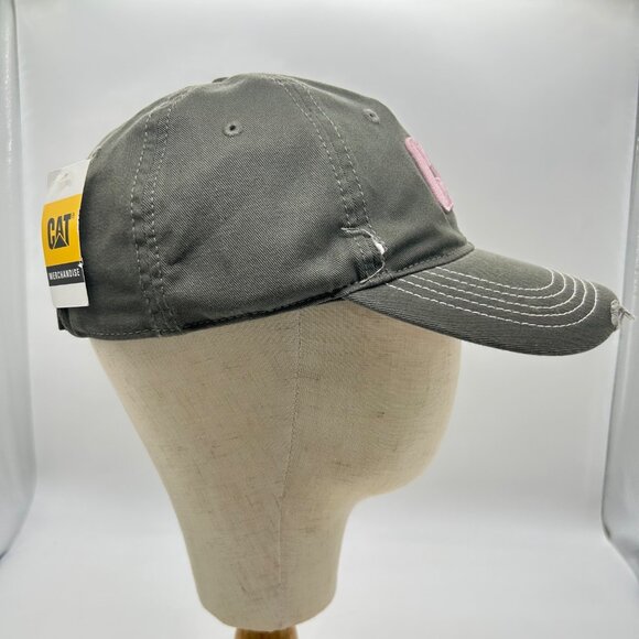 CAT Cap Womens Olive Green Cap Pink Logo Adjustable Strapback Distressed Hat - Picture 5 of 8